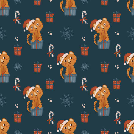Seamless tiger pattern with New Years gift and snowflakesの写真素材