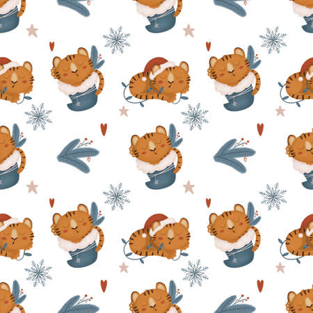 Seamless pattern sleeping tiger cubs in a New Year sock with a branch of the Christmas treeの写真素材