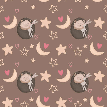 Seamless pattern with a cute hedgehog that sleeps in the sky with starsの写真素材