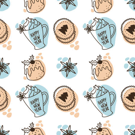 Seamless patchtren New Years cocoa in mugs and cookies with Christmas treesのイラスト素材