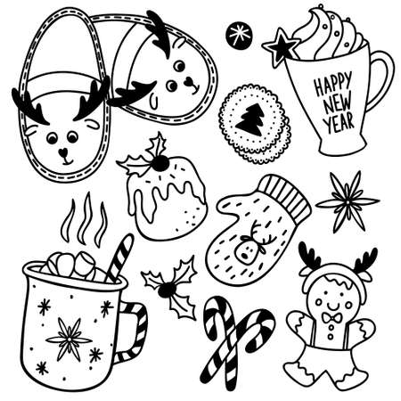 A set of elements of Christmas mugs with cocoa and sweets, slippers and mittens with deerのイラスト素材