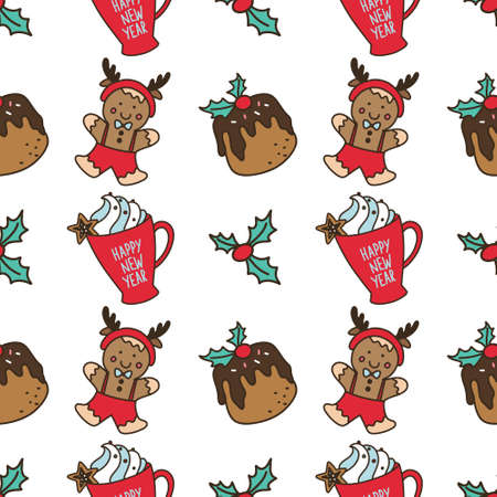 Vector seamless pattern with gingerbread men and mugs with cocoa and creamのイラスト素材