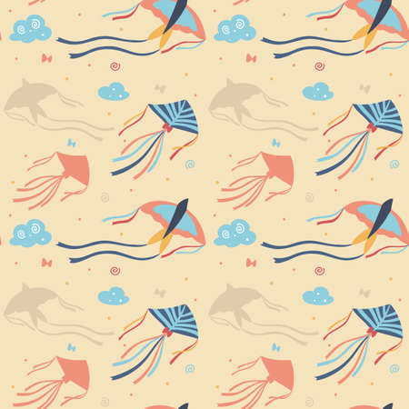 Seamless vector kite pattern with clouds and bowsのイラスト素材