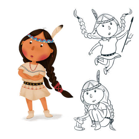 Indian girl with a feather in her hair and beadsの写真素材