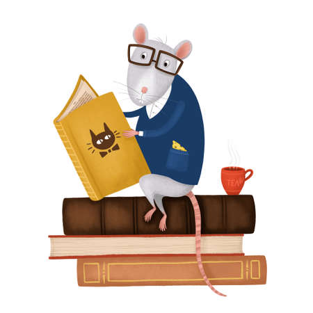 The rat character reads books and drinks teaの写真素材