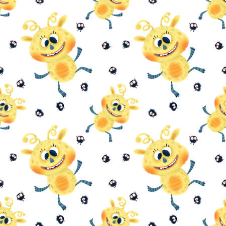 Seamless pattern with cute fluffy yellow monstersの写真素材