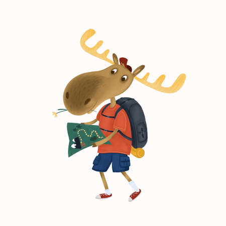 The character is a moose traveler with a backpackの写真素材