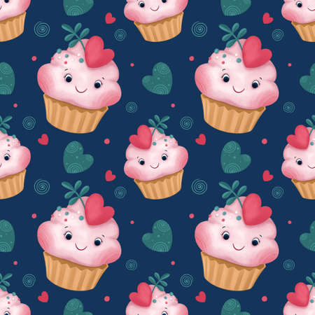 Seamless pattern with cute pink cake cupcakes and heartsの写真素材