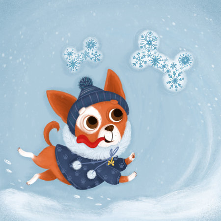 A small cheerful dog runs through the snow for snowflakesの写真素材