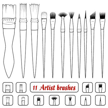 vector. Set of 11 art brushes. Icons of filbert brush, linear brush, angular brush, dotting brush, texture brush, bristle brush,mop brush,tuft brush,pointed brush,rigger brush, fan brush,coating brushのイラスト素材