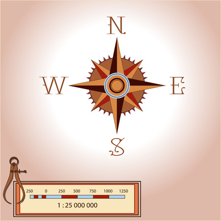 Wind rose illustration. Isolated vector. Element of an antient or old style map decoration. Wind rose is a tool to guide travellers and read maps. Shows North, South, East, West, measurmentのイラスト素材