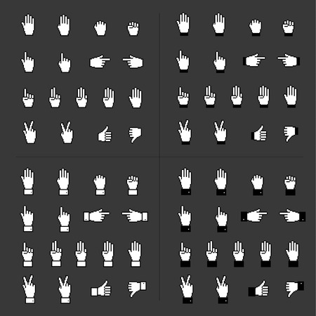 Cursor icons. Pixel hand cursor set. Classic web element. Mouse cursor. Hand pointers. Pixel mouse indicators. Web symbols. Isolated illustration. Vector.のイラスト素材