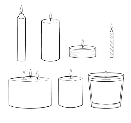 Set of candles sticks: pillar candle, container or jar candle, taper candle, tealight candle, multi wick candle, party candle. Isolated illustration. Vector.のイラスト素材