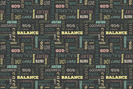 Colorful seamless pattern with words: love, peace, balance, happiness, faith, God, belief, care, goodness, tranquility, harmony.のイラスト素材