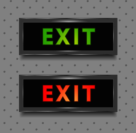 Exit sign in red and green. Isolated illustration. Vector. Grey seamless backgroundのイラスト素材