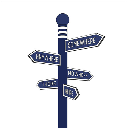 Blue signpost. Direction signs: here, there, anywhere, nowhere, somewhere. Isolated illustration.のイラスト素材