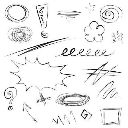 Set of scribbles, sketchy hand drawn frames, arrow, signs, underlines, loops, swirls, marks, cross, zigzag. Doodles isolated on white.のイラスト素材