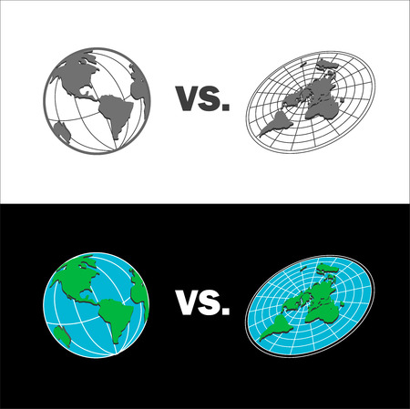 Flat Earth vs Sphere Earth map. Isolated vector illustrationのイラスト素材
