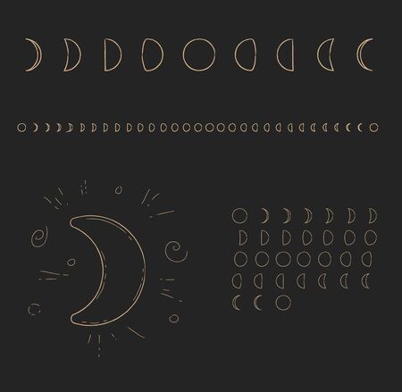 Moon phases. Moon cycle calendar. Lunar calendar. astronomy black gold illustrationのイラスト素材