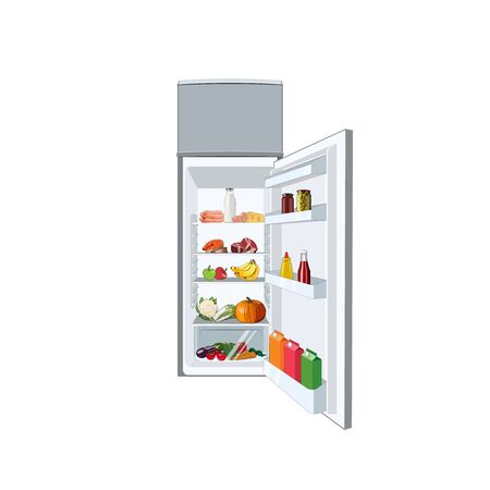 Fridge full of food, vegetables, fruits, meat, fish. Healthy diet fridge. Open refrigerator. Vector graphic illustration open fridge foodのイラスト素材