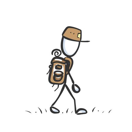Man hiking with backback. Walking trip. Hand drawn travel. Stickman cartoon. Doodle sketch, Vector graphic illustrationのイラスト素材