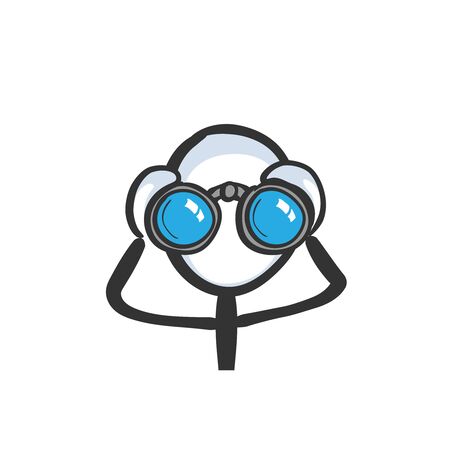 Looking into binoculars. Man spying. Looking far. Hand drawn. Stickman cartoon. Doodle sketch, Vector graphic illustration binocularsのイラスト素材