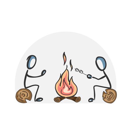 Fire place. Forest camp. Frying marshmallow picnic on flame. Hand drawn. Stickman cartoon. Doodle sketch, Vector graphic illustration camping fireのイラスト素材