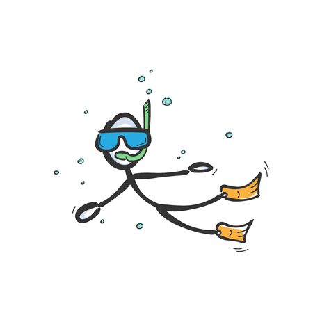 Diving in the sea. Snorkling under water. Hand drawn. Stickman cartoon. Doodle sketch, Vector graphic illustration snorkling divingのイラスト素材