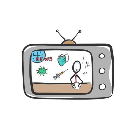 Tv news. News about coronavirus. Breaking world news. Hand drawn. Stickman cartoon. Doodle sketch, Vector graphic illustration tv breaking newsのイラスト素材