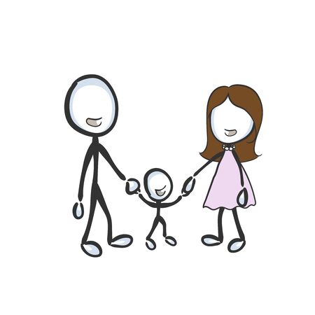 Happy family. Mother father and child holding hands. Kid with mom and dad. Hand drawn. Stickman cartoon. Doodle sketch, Vector graphic illustration family happyのイラスト素材