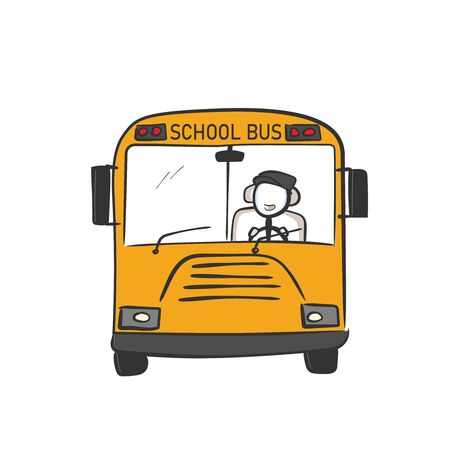 School bus. Yellow bus for kids. Children transportation. Hand drawn. Stickman cartoon. Doodle...