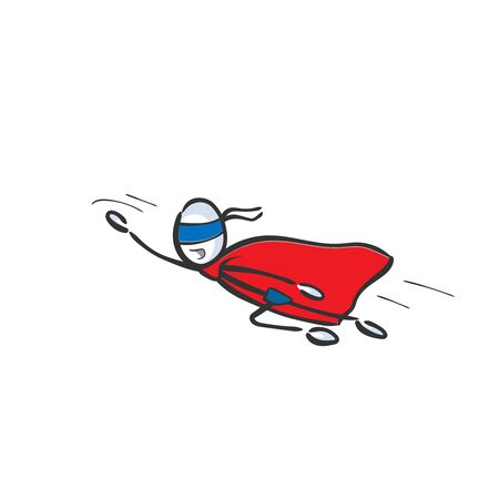 Super hero flying to rescue. Red cape. Hand drawn. Stickman cartoon. Doodle sketch, Vector graphic illustrationのイラスト素材
