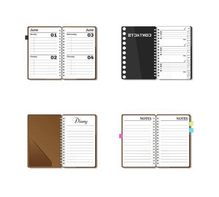 Open pocket diary, notebook, notepad, organizer, journal, phone book, sketch pad. Stationery book set. Contacts and personal information. Blank pages. Isolated vector graphic illustration.のイラスト素材