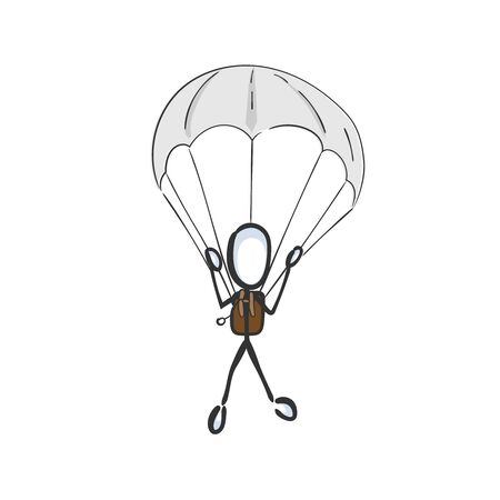 Parachutist jump. Paratrooper fly in the sky. Skydiving. Hand drawn. Stickman cartoon. Doodle sketch, Vector graphic illustrationのイラスト素材