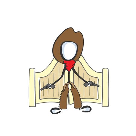 Wild west gangster robber infront of tavern. Gunman with revolver guns. Hand drawn. Stickman cartoon. Doodle sketch, Vector graphic illustrationのイラスト素材