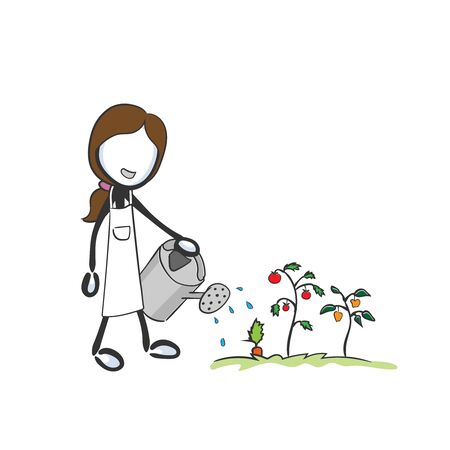 Gowing vegetables. Gardening and watering plants. Hand drawn. Stickman cartoon. Doodle sketch, Vector graphic illustrationのイラスト素材