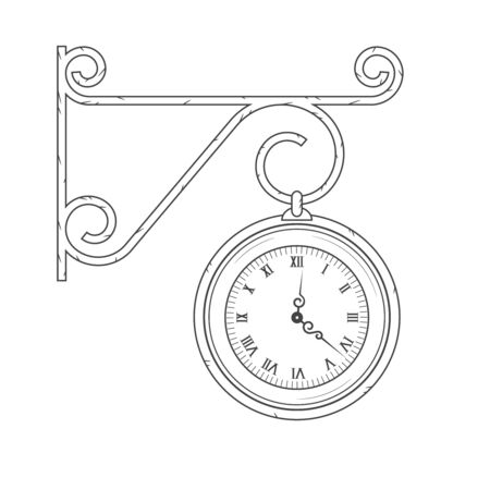 Big street clock. Wall mounted hanging round old vintage clock. simple vector illustration. Graphic isolated signのイラスト素材