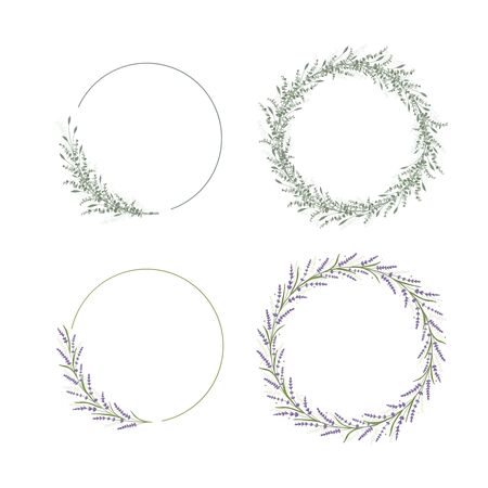 Floral frame decoration for wedding and invitation card. Flower and leaf design circle template. Eucalipus and lavender branch. Green organic decor. Vector illustrationのイラスト素材