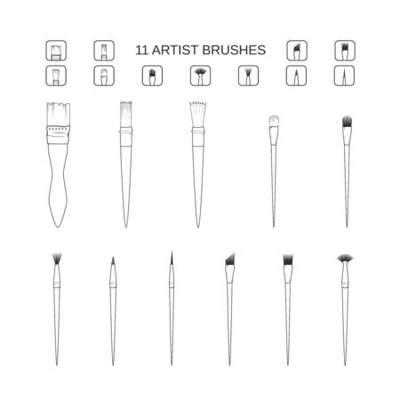 Art and painting brush set. Simple line icons stationary artist watercolor and acrylic accessories. Vector illustration. filbert brush linear angular dotting texture bristle mop tuft pointed rigger fan coatingのイラスト素材
