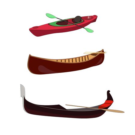 Boat set: Gondola venetian traditional rawing boat. Canoe wooden boat. Sport racing kayak with paddels. vector isolated graphic illustration boat kayak canoe gondolaのイラスト素材