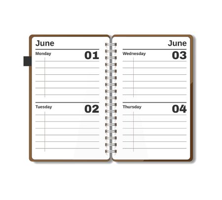 Open pocket diary, notebook, notepad, organizer, journal, sketch pad. Stationery book set. Blank pages. Isolated vector graphic illustration. note book plannerのイラスト素材