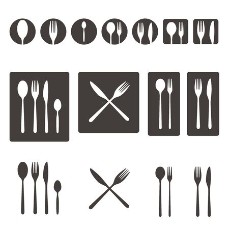 Cutlery simple flat icon set. Spoon fork . Vector eat icon. isolated illustration. knife, table spoon, tea spoon, italian pasta spoon, pasta knife. Catering and kitchen cutlery. App cutlery icon setのイラスト素材