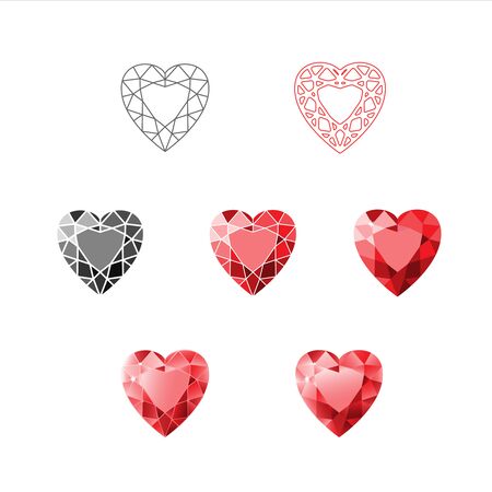 Gemstones colorful set. Vector gems illustration. Ruby, crystal, diamond, brilliant, emerald. Cartoon jewels isolated ruby heart gem stoneのイラスト素材