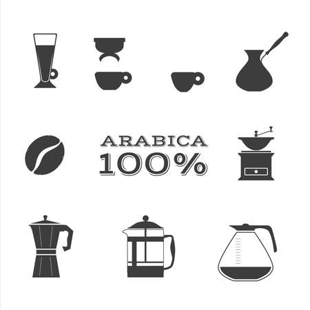 Coffee icon simple flat set. Vector espresso cafe latte coffee cup symbols. Isolated black graphic illustration. Coffee flat iconのイラスト素材