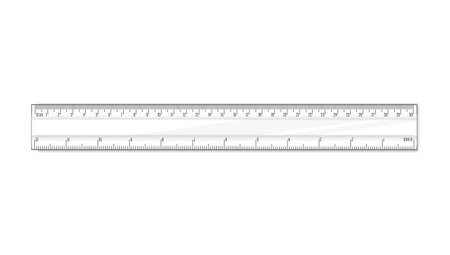 Straight ruler thirty cm. Vector math geometry transparent plastic school and office accessories. Centimeter and inch scale. Graphic realistic illustrationのイラスト素材