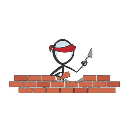 Construction worker laying bricks. Vector simple stickman. Building installing red bricks house. no face clipart cartoon. Hand drawn. Doodle sketch, graphic illustrationのイラスト素材