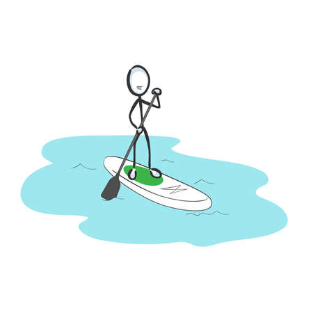 Sup stand up paddle board. Vector simple surf sport. Stickman no face clipart cartoon. Hand drawn. Doodle sketch, graphic illustration sup paddleのイラスト素材