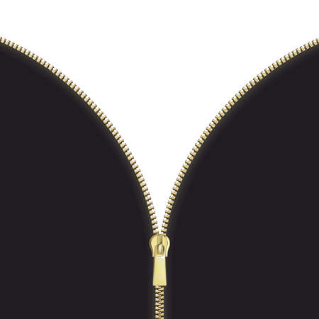 Open close zip. Realistic zipper fastener reveal vector. Metallic gold elegant zip locker. Graphic illustration zip openの写真素材