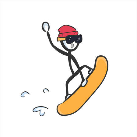 Snowboard jump big air ramp. Vector simple extreme sports. Stickman no face clipart cartoon. Hand drawn. Doodle sketch, graphic illustration snowboard trickのイラスト素材
