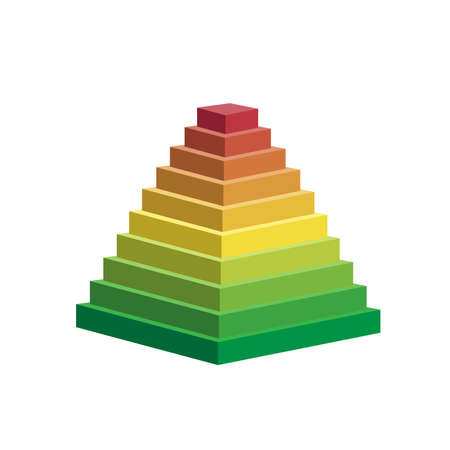 pyramid scheme 10 ten steps. vector hierarchy level chart graph, green red yellow diagram structure. triangle 3d infographic illustrationのイラスト素材